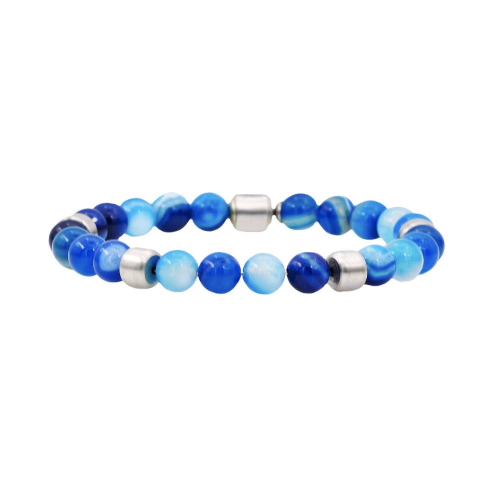 Genuine Blue Agate Stainless Steel Beaded Bracelet