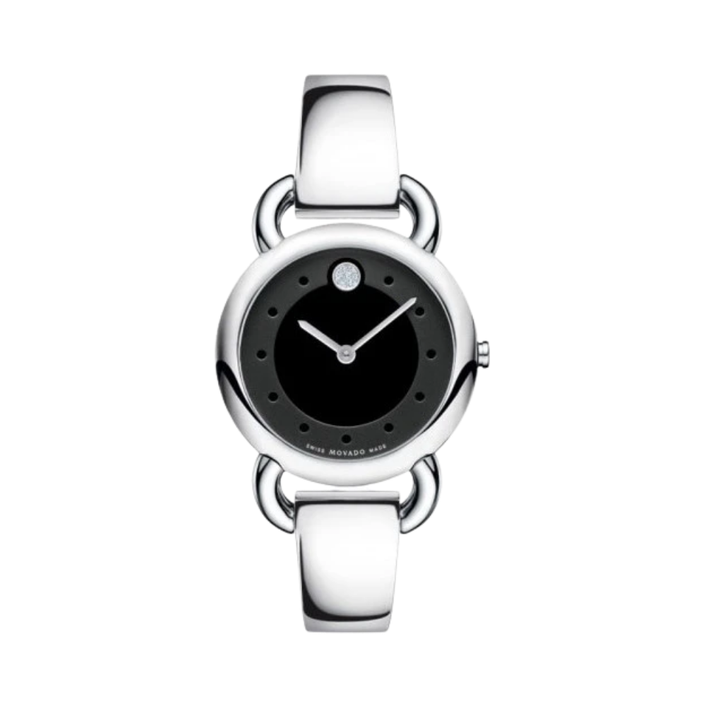 Movado Linio Diamond Black Dial Stainless Steel Bangle Ladies Watch