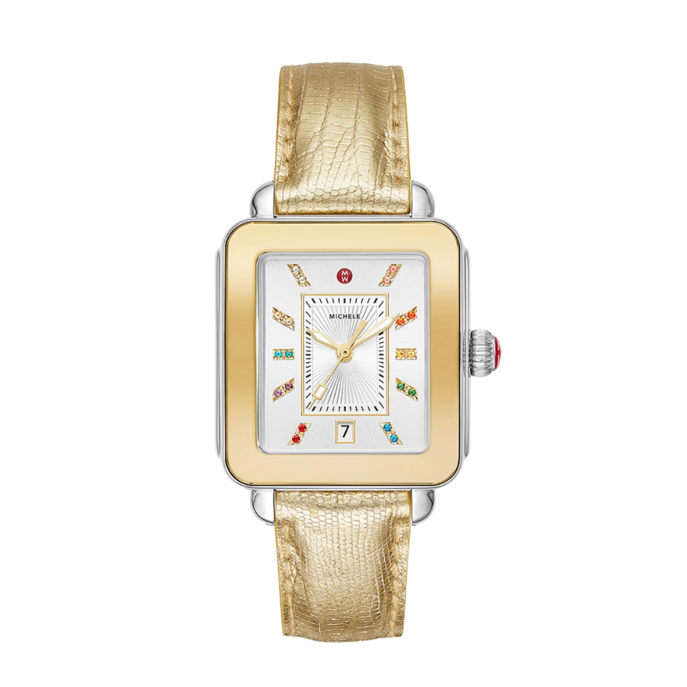 Michele Deco Sport Two-Tone Yellow Gold-Tone Topaz Dial Lizard Watch