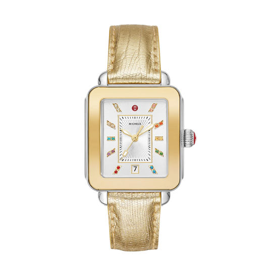 Michele Deco Sport Two-Tone Yellow Gold-Tone Topaz Dial Lizard Watch